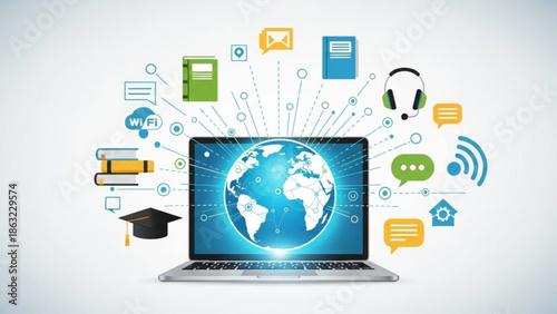 E learning concept with laptop showing globe on screen surrounded by education icons and symbols