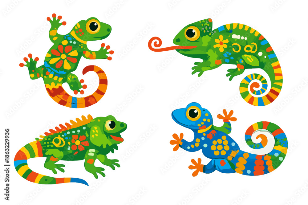Obraz premium Four colorful, stylized lizards against a blurred background.