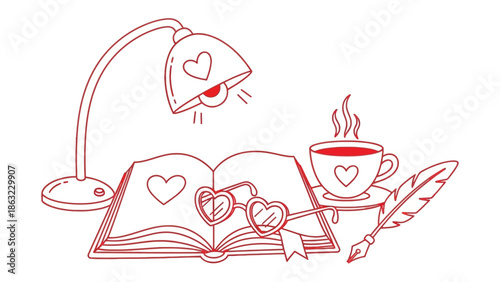 Love-themed reading: Depicting a cozy reading nook illuminated by a heart-shaped lamp, with a book, reading glasses and coffee cup. This illustration evokes a sense of warmth, relaxation.