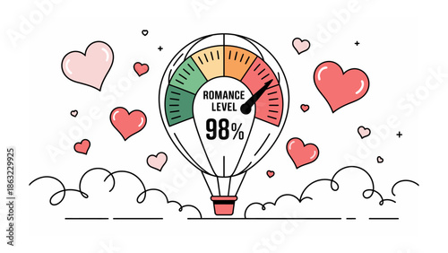 Love in the Air: An artistic rendering of a hot air balloon with a romance level gauge set to 98% soaring among heart-shaped balloons, symbolizing high levels of affection and warmth. 
