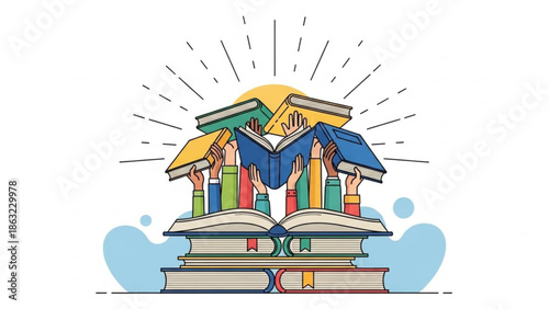 Colorful illustration of stacked books with hands holding more books on top, symbolizing learning
