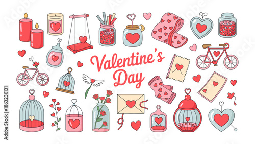 Valentine's Day Assortment: A captivating collection of romantic symbols, from sweet treats to charming keepsakes, ready to spark joy in every heart. 