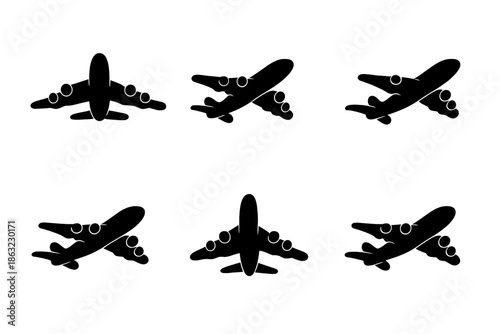 Set of Six Airplane Silhouettes in Different Angles on Black Background