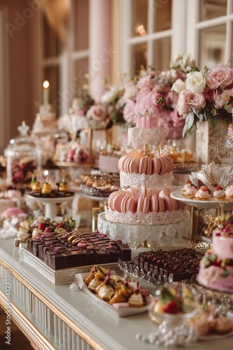 Wallpaper Mural Luxury dessert table with chocolates, macarons, pink eclairs, meringues and fruit tarts creates a lavish display. Pearls and lace add refined romantic Valentine styling. Torontodigital.ca