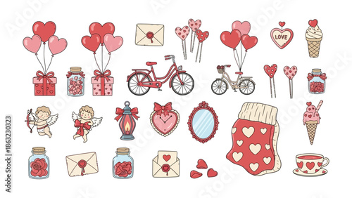Valentine's Day Elements: A collection of charming Valentine's Day elements arranged to evoke feelings of love and affection. Featuring hearts, sweets, cupid and more.