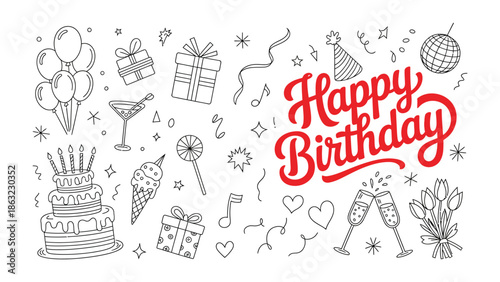 Celebration of Birthday: An illustrative composition of birthday elements, arranged around the celebratory text, evoking a sense of joy and anticipation.