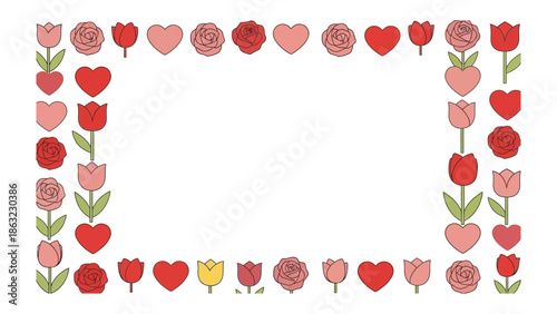 Floral Heart Frame: A charming illustration depicts a frame adorned with hearts, roses, and tulips, perfect for expressing love and affection, inviting warmth and appreciation.