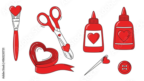 Valentine's Craft Supplies: Charming hand-drawn illustration showcases the essential tools for crafting, including scissors, a paintbrush, ribbon, glue and more.