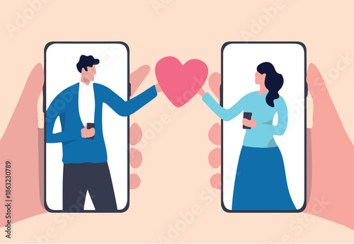 Online dating mobile application, using digital dating service to find lover or relationship concept, young couple millennial man and woman using smart phone application and holding romantic heart.