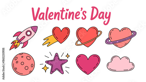 Valentine's Day Cosmic Delight: A whimsical array of love-themed space elements float, including hearts, a rocket ship, and planetary designs, embodying affection on Valentine's Day.