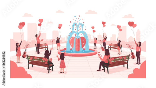 Love's Serenade in the City: Romantic gathering at a fountain, where couples celebrate love with heart-shaped balloons, roses, and melodies. A scene of romance and affection in urban setting.