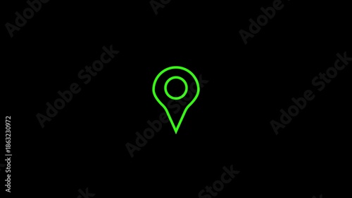 A bright green location pin icon against a stark black background