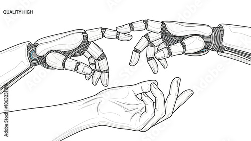 Robot and human hand touching.