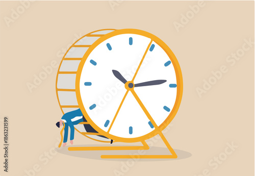 Exhausted and fatigue from routine job, tried or burnout from overworked, time management problem concept, exhausted tried businessman lay down in hamster rat race with time running clock.