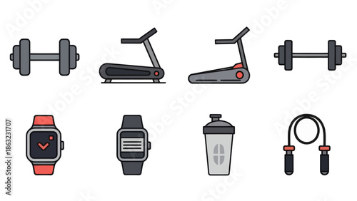 Fitness Equipment Icons Set.