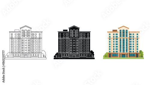 Skyscraper Vector Illustration in Three Styles Line Art Silhouette and Color Version for Modern City Architecture Design
