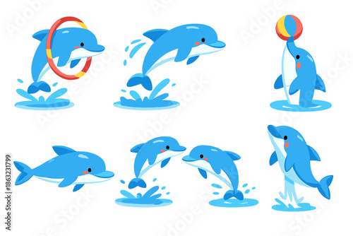 Cute cartoon dolphins performing tricks