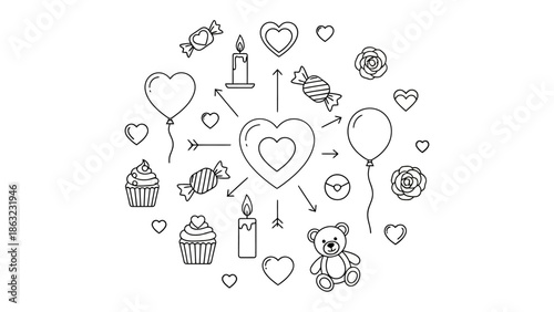 Love in Sketch: A charming illustration featuring elements like hearts, candles, a teddy bear, and sweets. It's a whimsical expression of affection.