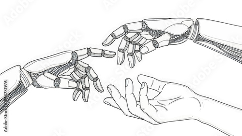 Robot and human hand touching.