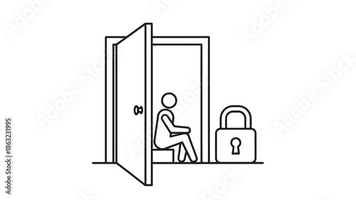 An open doorway reveals a person sitting inside with a lock and key nearby