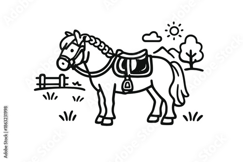 Cute cartoon horse with saddle in a field