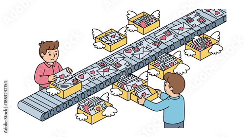 Conveyor Belt of Love: Two individuals diligently sort through letters on a whimsical conveyor belt, with each box of love adorned with delicate wings, spreading messages of affection.