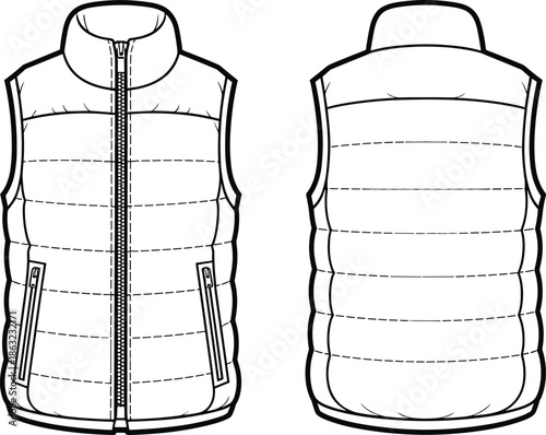 Classic puffer vest technical line drawing front and back view sleeveless winter jacket apparel illustration outline vector fashion design template