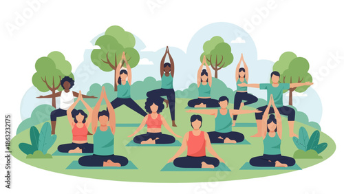 People doing yoga outdoors together.