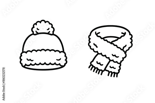 Winter hat and scarf line art