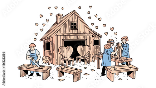 Crafting Love: An illustration depicts artisans crafting wooden hearts within a rustic workshop. The scene embodies a heartwarming atmosphere of creation, dedication.