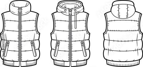 Men padded vest line drawing, sleeveless hooded and collar styles, front and back views, winter apparel fashion template vector illustration