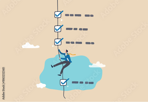 Finish checklist or todo list, tick checkmark or work completion, questionnaire or productivity checklist, survey form or success plan concept, businessman rope climbing on work check list completion.