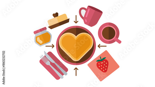 Hearty Breakfast Arrangement: A delectable breakfast spread with a pancake at the center, surrounded by elements of love, sweetness, and culinary joy.