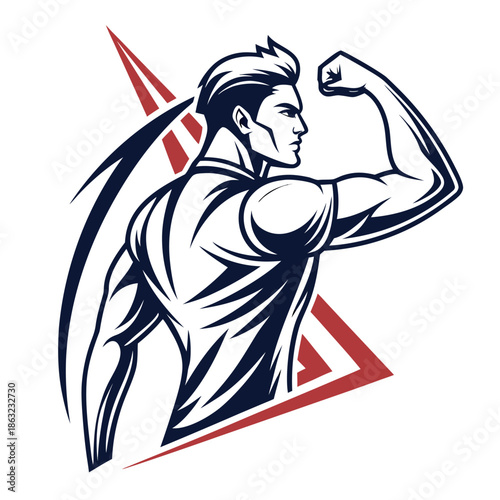 A striking vector logo depicts a powerfully built man performing a muscular up showcasing strength and athletic prowess in design
