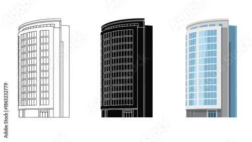 Skyscraper Vector Illustration in Three Styles Line Art Silhouette and Color Version for Modern City Architecture Design