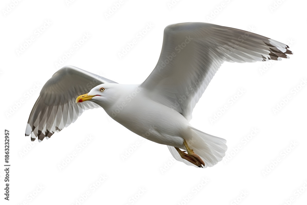 Obraz premium Seagull in flight with wings spread isolated on transparent background