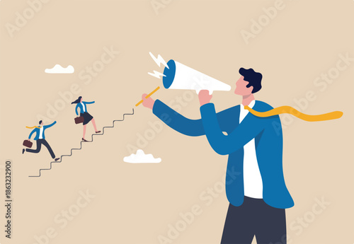 Business coaching or mentor to improve employee skills, performance and leadership, motivate people, advice or guidance for success concept, employees walk up stair created by coaching businessman.