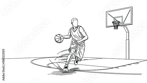 Basketball Player Dribbling Fast on Court Toward the Hoop in Action