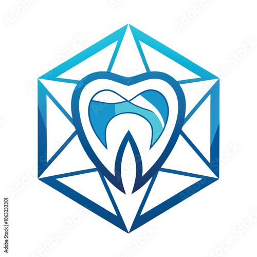 A striking vector illustration depicts a stylized curved tooth shape representing oral hygiene and dental health presented in a modern aesthetic