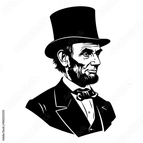 Print, Black and white silhouette of Abraham Lincoln vector. Portrait photo of President Abraham Lincoln from 1863. Was an American politician who led the United States during the Civil War.