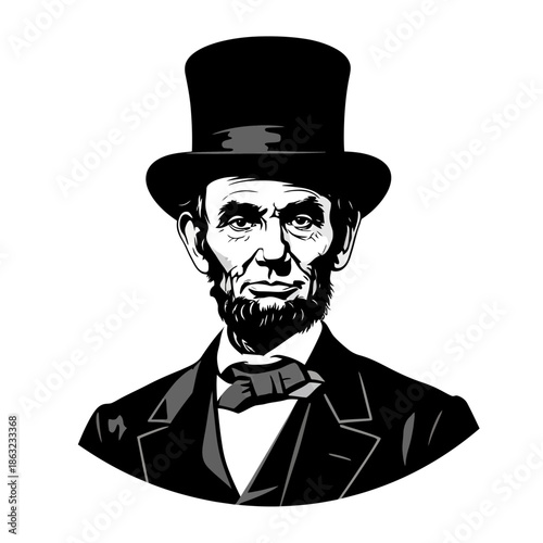 Print, Black and white silhouette of Abraham Lincoln vector. Portrait photo of President Abraham Lincoln from 1863. Was an American politician who led the United States during the Civil War.