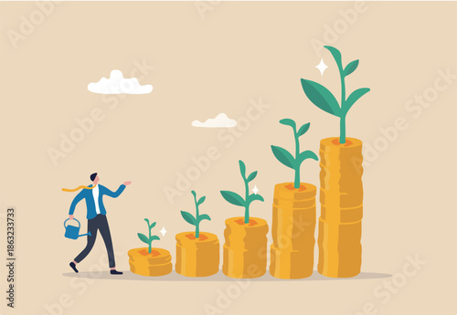 Saving growth, growing investment or earning profit, mutual fund, wealth accumulation or compound interest, pension fund prosperity concept, businessman watering growing coin stack seedling growth