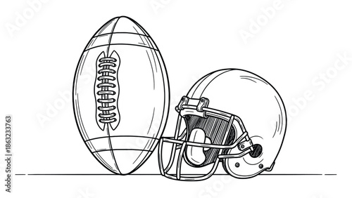Sketch Of American Football Ball And Helmet For Sports Equipment Catalog