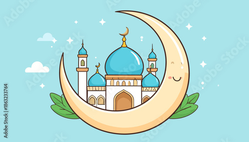 Peaceful cartoon illustration of a serene mosque with blue domes, nestled in a friendly smiling crescent moon, surrounded by twinkling stars and clouds, symbolizing Islamic culture and festive joy