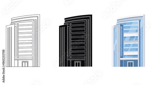 Skyscraper Vector Illustration in Three Styles Line Art Silhouette and Color Version for Modern City Architecture Design