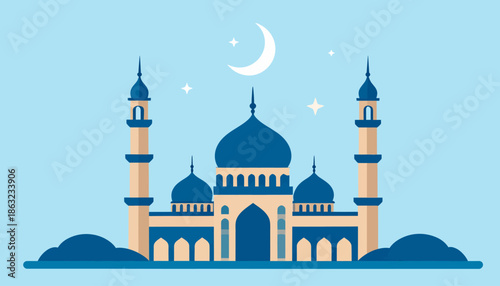 Vector illustration of a grand mosque at night with a crescent moon and stars in a clear blue sky, representing Islamic culture and spirituality