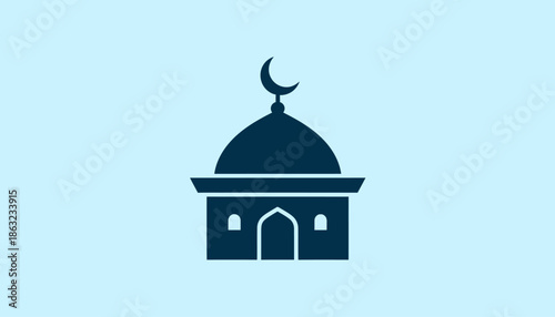 Minimalist mosque icon design featuring a distinct dome and crescent moon, symbolizing Islamic architecture and spiritual sanctuary for worship and cultural representation