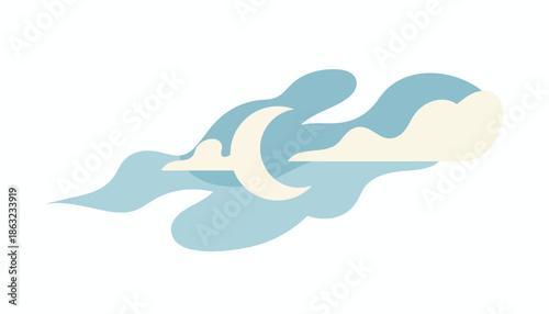 Whimsical night sky illustration with a crescent moon peeking through fluffy blue and cream clouds, evoking a peaceful and dreamy atmosphere for sleep and relaxation design