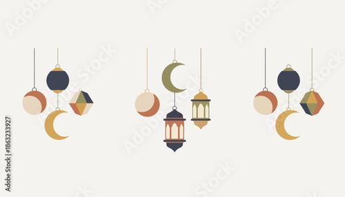 Minimalist graphic collection of decorative elements for Islamic celebrations, featuring elegant lanterns, crescent moons, and abstract geometric shapes in a muted palette