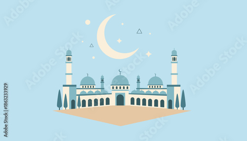 Peaceful mosque illustration under a crescent moon and stars, reflecting spiritual calm and evening contemplation for religious observance